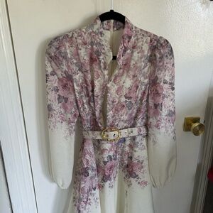 Floral Belted Midi Dress - Pink Cream